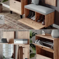 Garderobenset Siri Goldkraft Eiche Set mit Wandgarderoben, Sitzbank und Schuhschrank Vicco