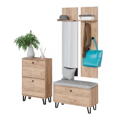 Garderobenset Siri Goldkraft Eiche Set mit Wandgarderoben, Sitzbank und Schuhschrank Vicco