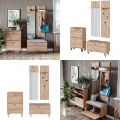 Garderobenset Siri Goldkraft Eiche Set mit Wandgarderoben, Sitzbank und Schuhschrank Vicco