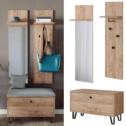 Garderobenset Siri Goldkraft Eiche Set mit Wandgarderoben und Sitzbank Vicco