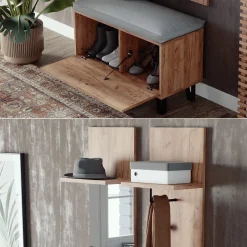 Garderobenset Siri Goldkraft Eiche Set mit Wandgarderoben und Sitzbank Vicco