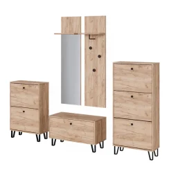 Garderobenset Siri Goldkraft Eiche Set mit Garderoben, Sitzbank und Schuhschränken Vicco