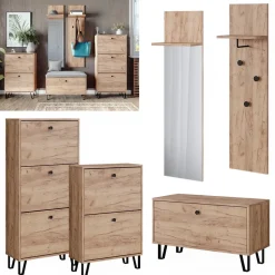 Garderobenset Siri Goldkraft Eiche Set mit Garderoben, Sitzbank und Schuhschränken Vicco