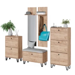 Garderobenset Siri Goldkraft Eiche Set mit Garderoben, Sitzbank und Schuhschränken Vicco