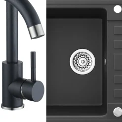 Granitspüle Schwarz 76.5 x 46 cm mit Armatur Schwarz Bergström