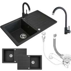 Granitspüle Schwarz 76.5 x 46 cm mit Armatur Schwarz Bergström