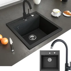 Granitspüle mit Armatur Schwarz 49 x 50 cm mit Armatur Schwarz Bergström