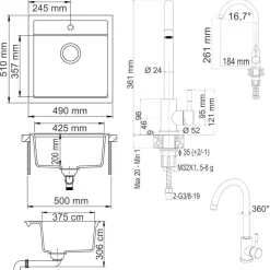 Granitspüle mit Armatur Schwarz 49 x 50 cm mit Armatur Schwarz Bergström