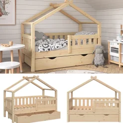 Hausbett Design Naturholz 70x140 cm mit Schublade Vitalispa