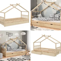 Hausbett Design Naturholz 90x200 cm mit 2 Schubladen Vitalispa