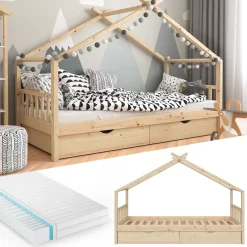 Hausbett Design Naturholz 90x200 cm mit 2 Schubladen und Matratze Vitalispa