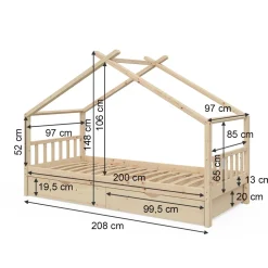 Hausbett Design Naturholz 90x200 cm mit 2 Schubladen und Matratze Vitalispa