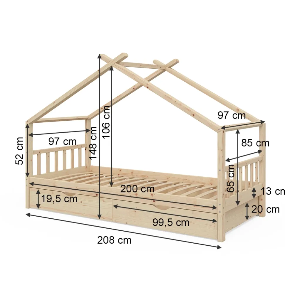 Hausbett Design Naturholz 90x200 cm mit 2 Schubladen und Matratze Vitalispa