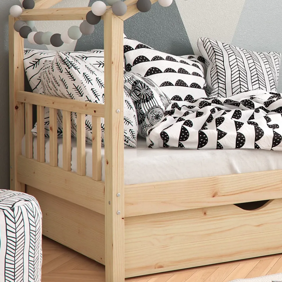 Hausbett Design Naturholz 90x200 cm mit 2 Schubladen und Matratze Vitalispa