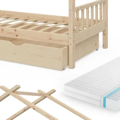 Hausbett Design Naturholz 90x200 cm mit 2 Schubladen und Matratze Vitalispa