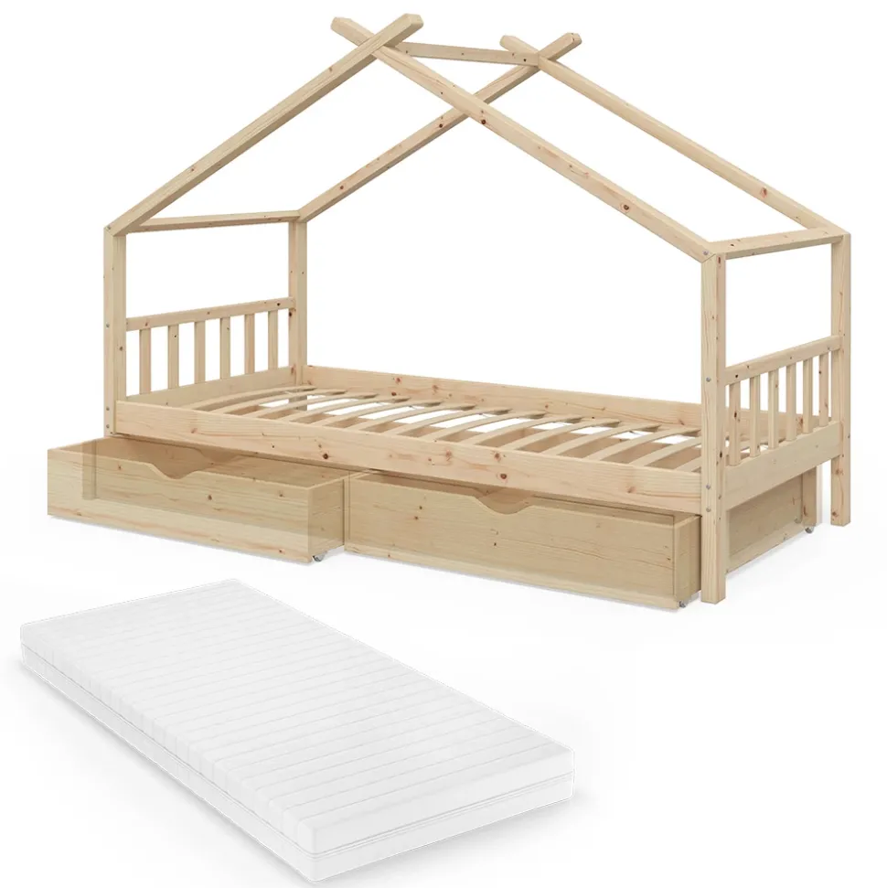 Hausbett Design Naturholz 90x200 cm mit 2 Schubladen und Matratze Vitalispa