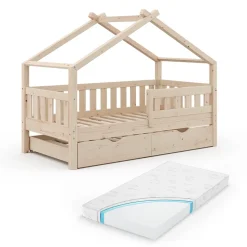 Hausbett Design Naturholz 80x160 cm mit Gästebett und Matratze Vitalispa
