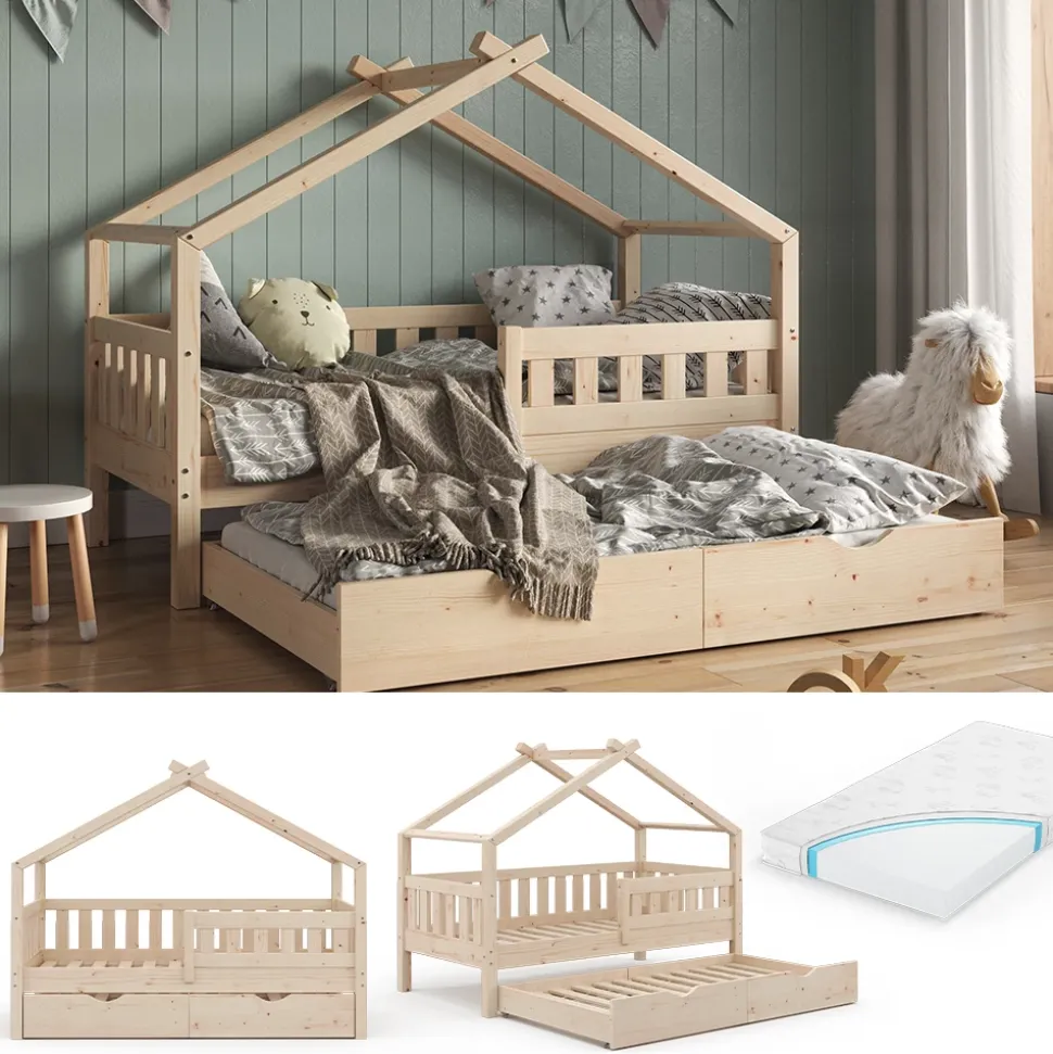Hausbett Design Naturholz 80x160 cm mit Gästebett und Matratze Vitalispa