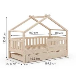 Hausbett Design Naturholz 80x160 cm mit Gästebett und Matratze Vitalispa