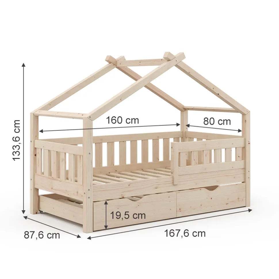 Hausbett Design Naturholz 80x160 cm mit Gästebett und Matratze Vitalispa