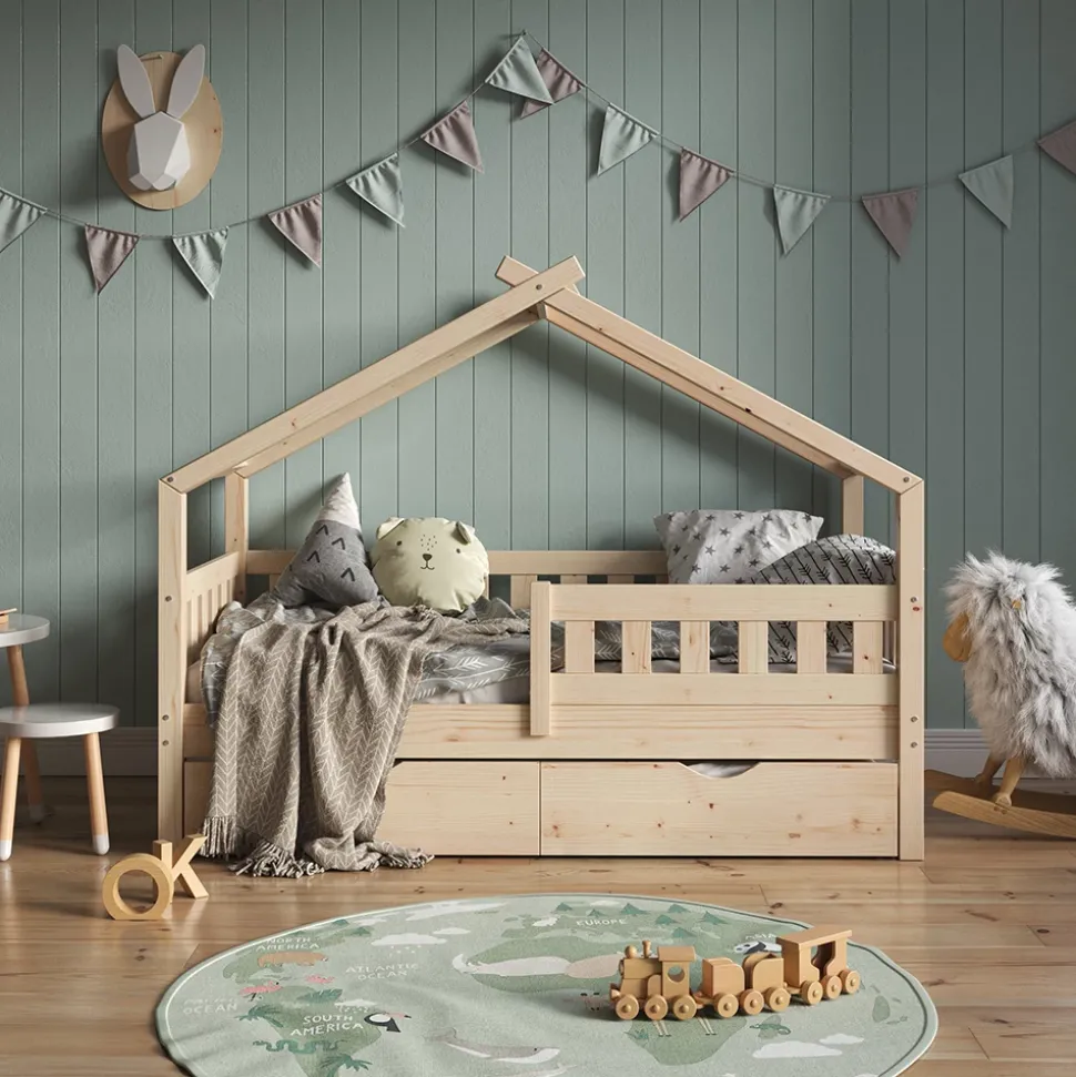 Hausbett Design Naturholz 80x160 cm mit Gästebett und Matratze Vitalispa