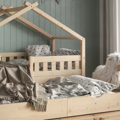 Hausbett Design Naturholz 80x160 cm mit Gästebett und Matratze Vitalispa