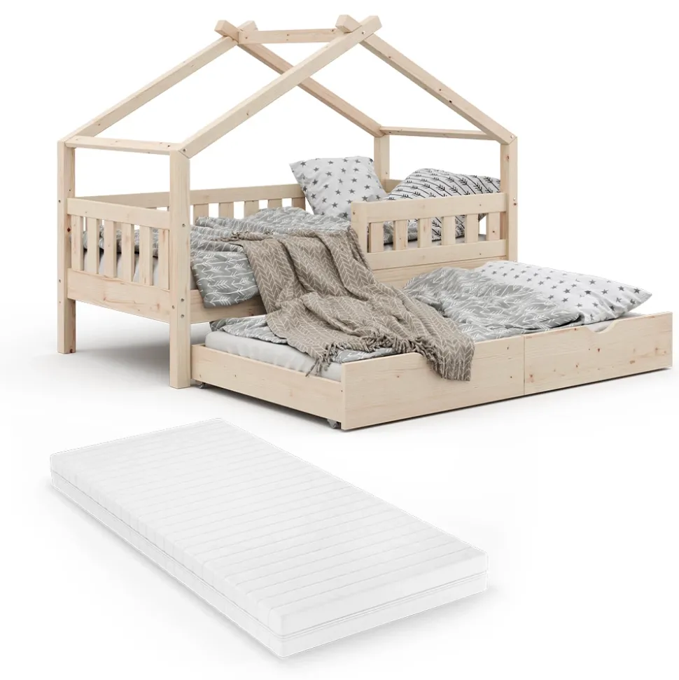 Hausbett Design Naturholz 80x160 cm mit Gästebett und Matratze Vitalispa