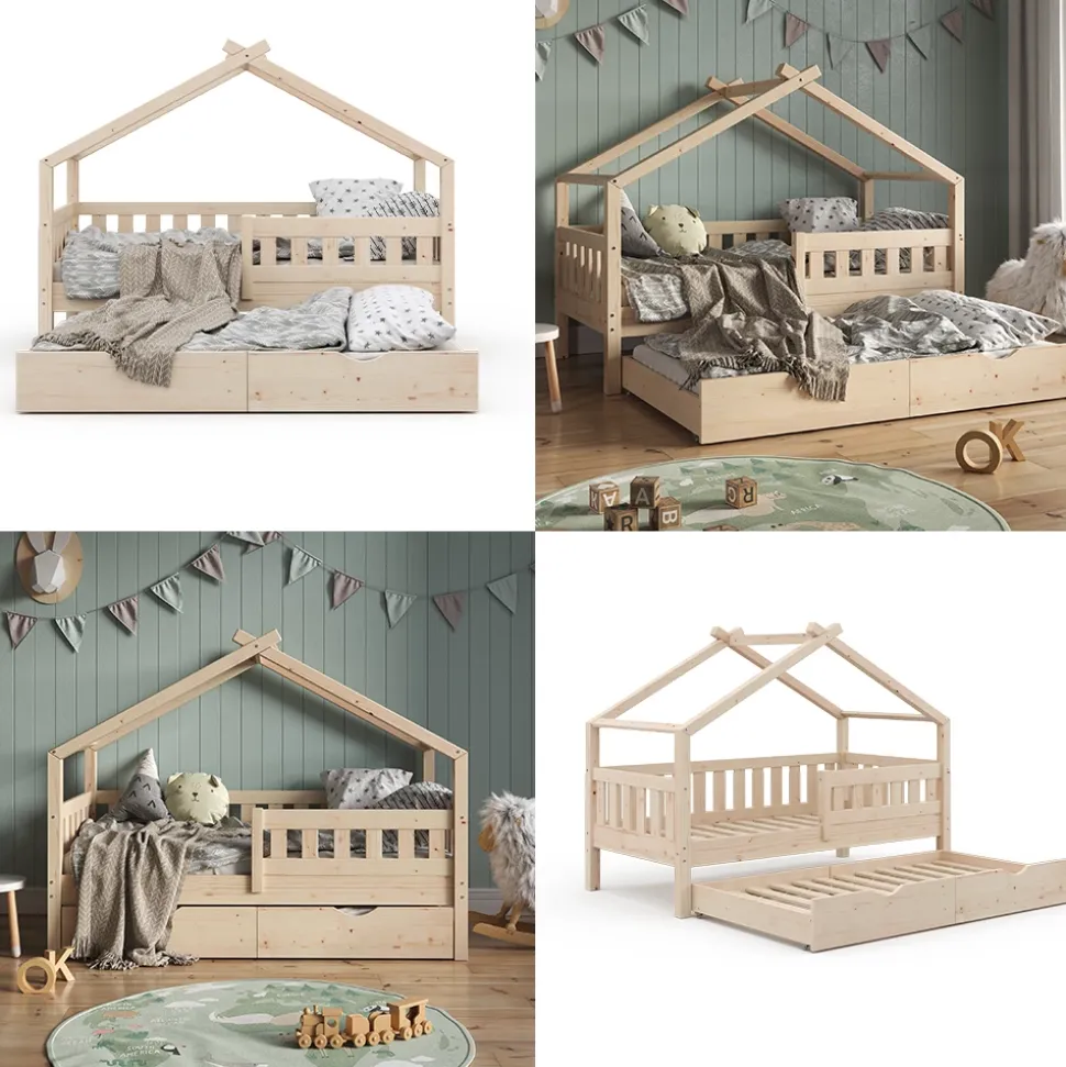 Hausbett Design Naturholz 80x160 cm mit Gästebett und Matratze Vitalispa