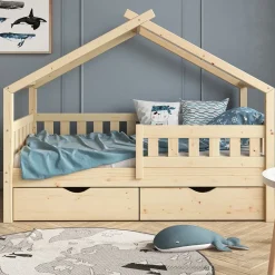 Hausbett Design Naturholz 80x160 cm mit 2 Schubladen Vitalispa