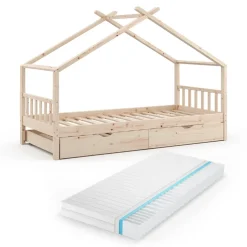 Hausbett Design Naturholz 90x200 cm mit Gästebett und Matratze Vitalispa
