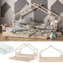 Hausbett Design Naturholz 90x200 cm mit Gästebett und Matratze Vitalispa