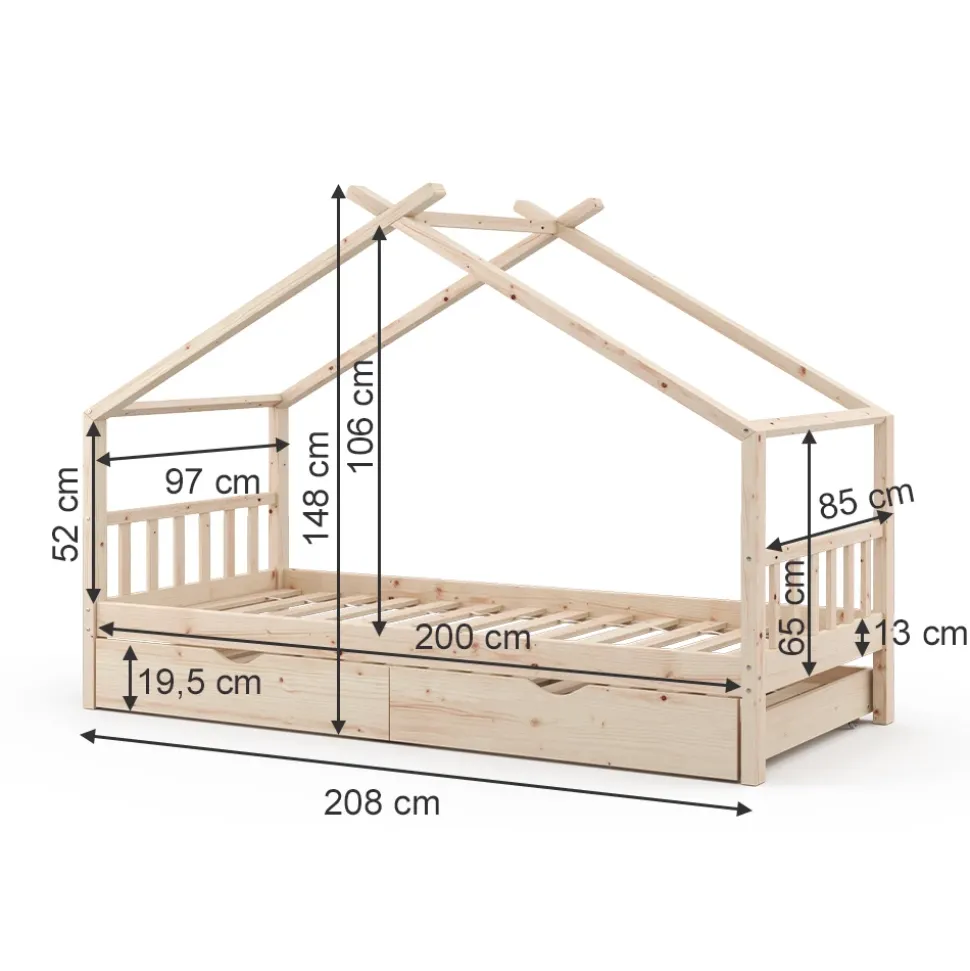 Hausbett Design Naturholz 90x200 cm mit Gästebett und Matratze Vitalispa