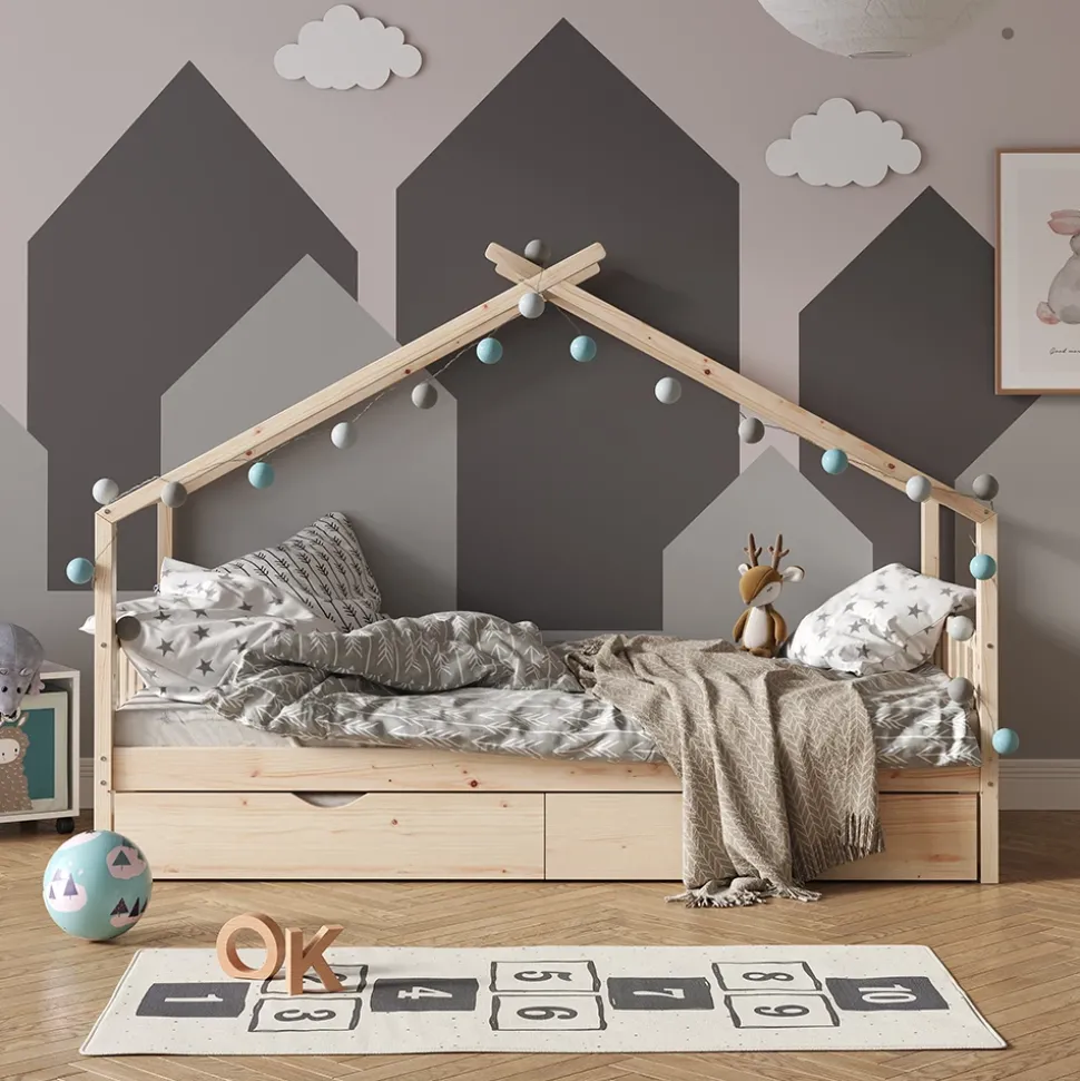 Hausbett Design Naturholz 90x200 cm mit Gästebett und Matratze Vitalispa