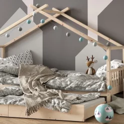 Hausbett Design Naturholz 90x200 cm mit Gästebett und Matratze Vitalispa