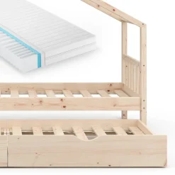 Hausbett Design Naturholz 90x200 cm mit Gästebett und Matratze Vitalispa