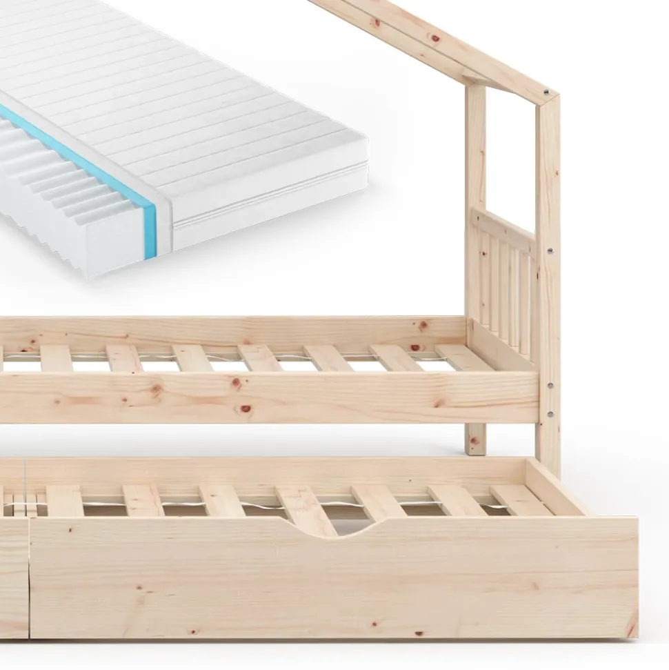 Hausbett Design Naturholz 90x200 cm mit Gästebett und Matratze Vitalispa