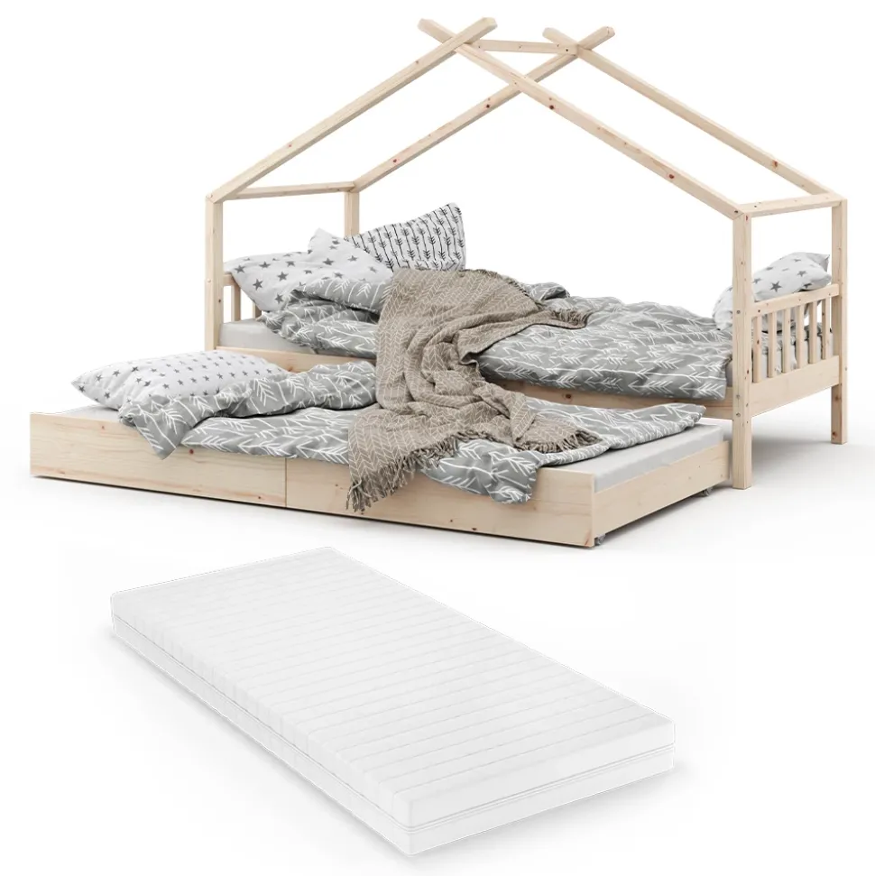 Hausbett Design Naturholz 90x200 cm mit Gästebett und Matratze Vitalispa