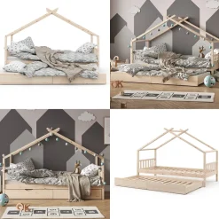 Hausbett Design Naturholz 90x200 cm mit Gästebett und Matratze Vitalispa