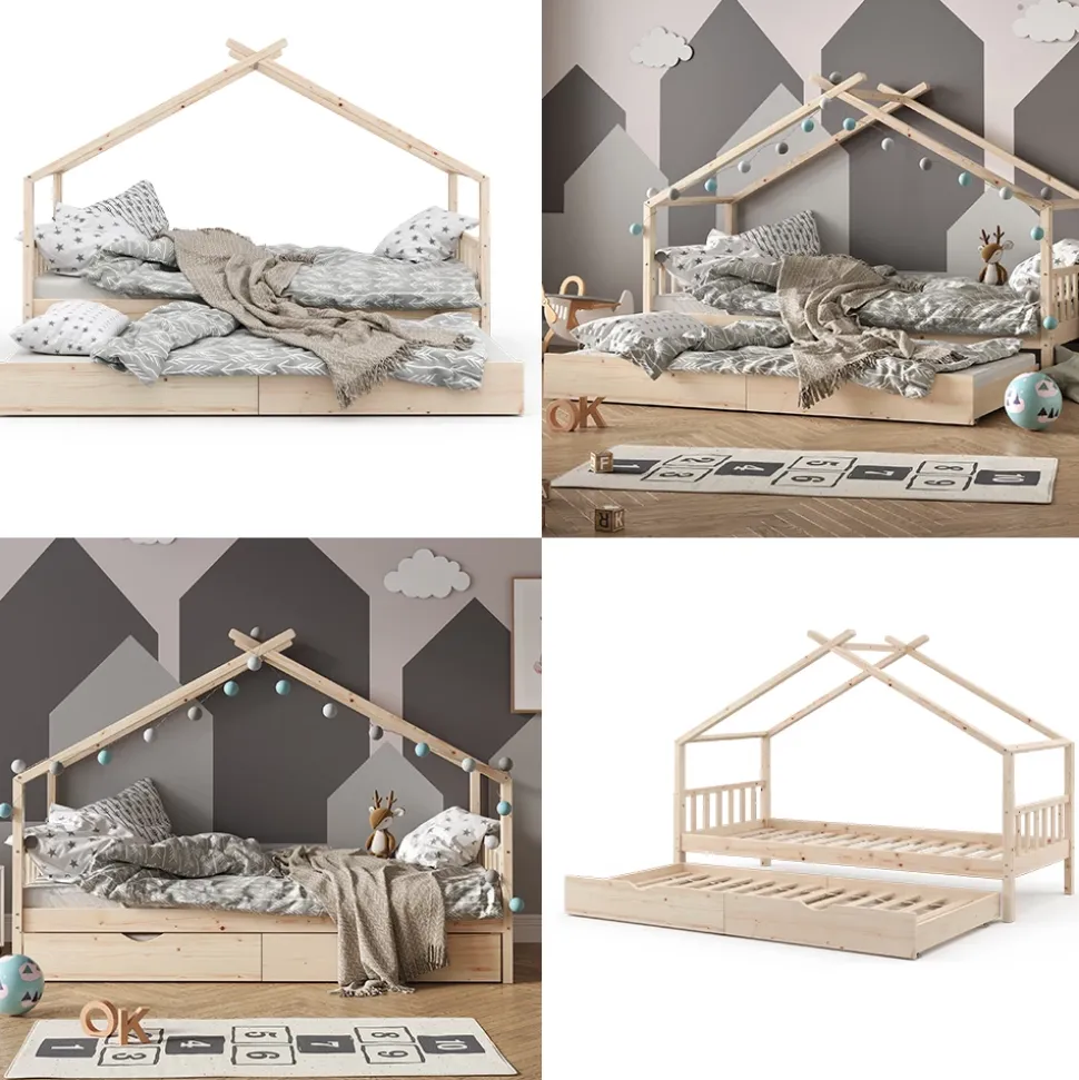 Hausbett Design Naturholz 90x200 cm mit Gästebett und Matratze Vitalispa