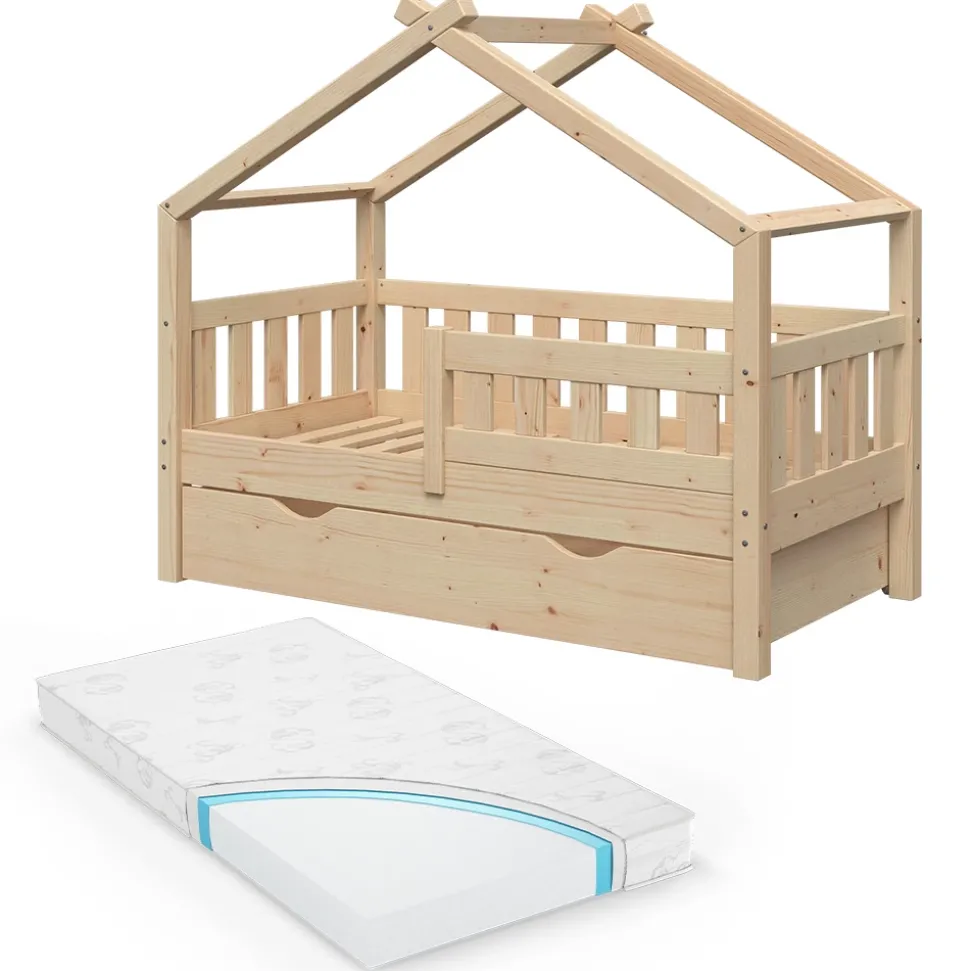 Hausbett Design Naturholz 70x140 cm mit Schublade und Matratze Vitalispa