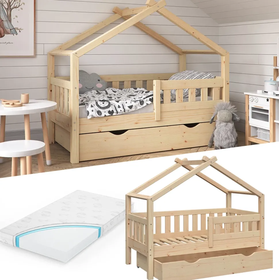 Hausbett Design Naturholz 70x140 cm mit Schublade und Matratze Vitalispa