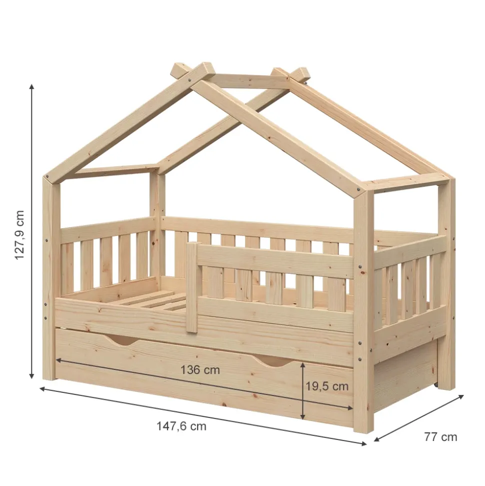 Hausbett Design Naturholz 70x140 cm mit Schublade und Matratze Vitalispa
