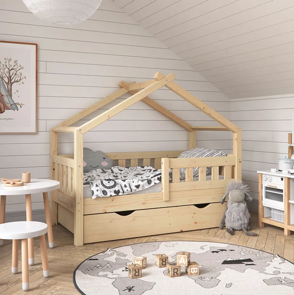 Hausbett Design Naturholz 70x140 cm mit Schublade und Matratze Vitalispa