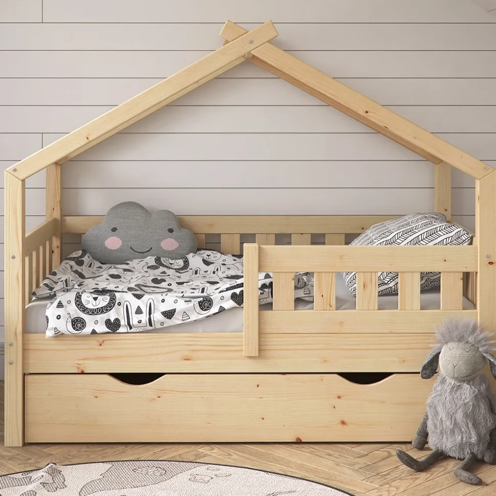 Hausbett Design Naturholz 70x140 cm mit Schublade und Matratze Vitalispa