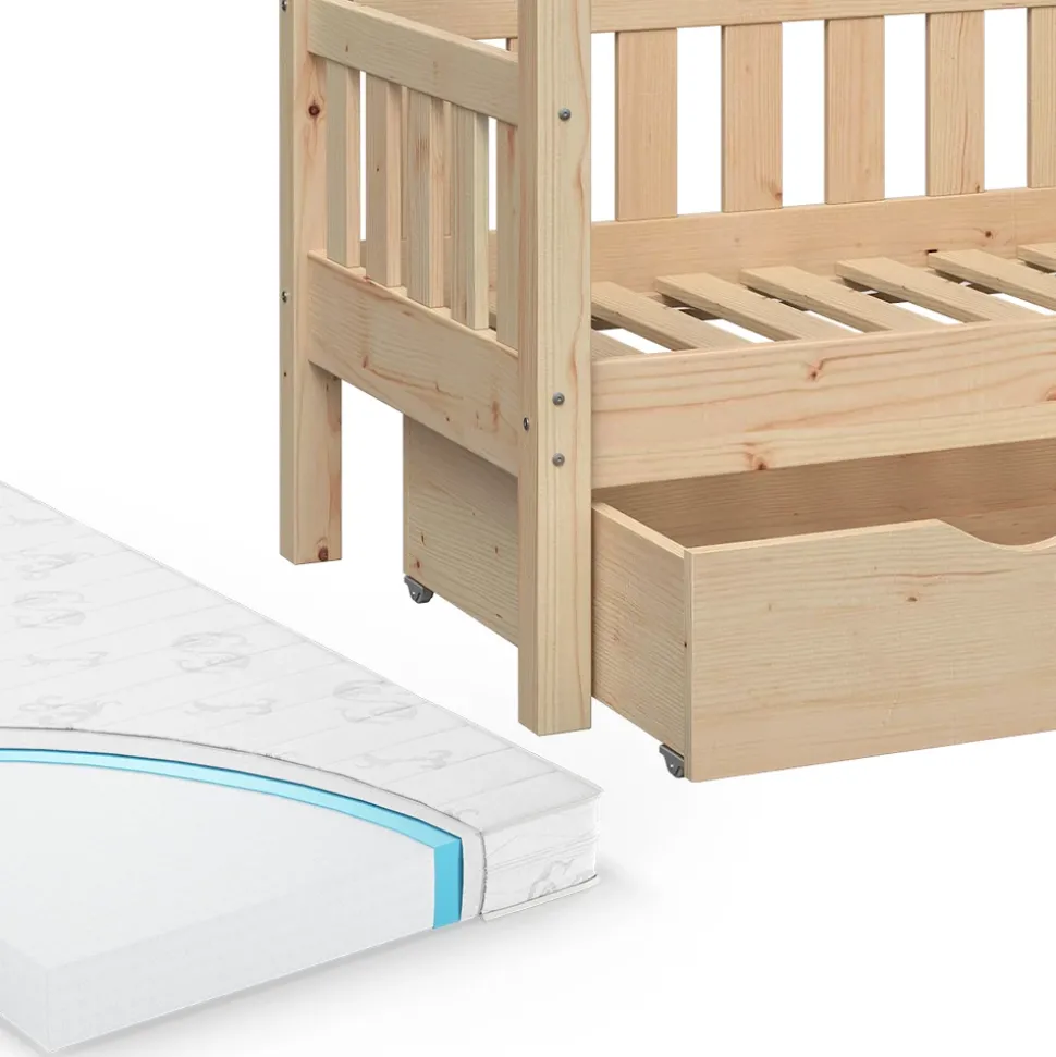 Hausbett Design Naturholz 70x140 cm mit Schublade und Matratze Vitalispa