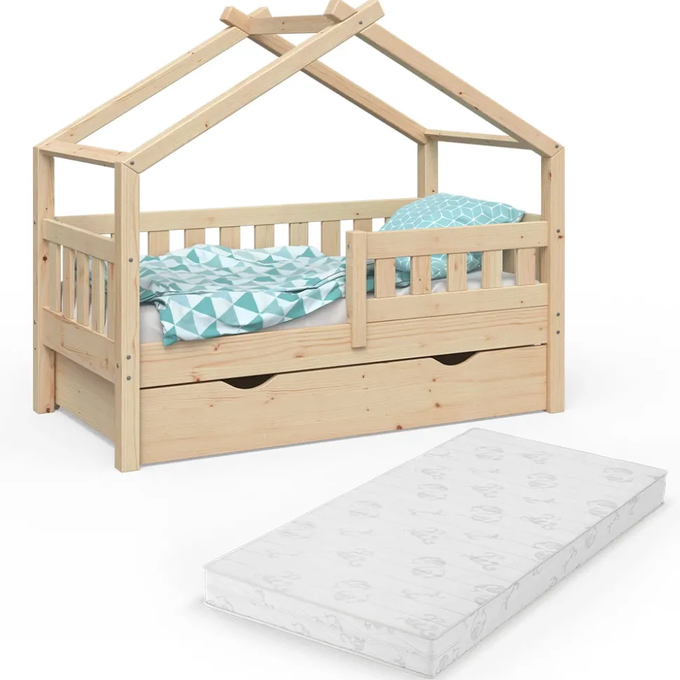 Hausbett Design Naturholz 70x140 cm mit Schublade und Matratze Vitalispa