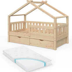 Hausbett Design Naturholz 80x160 cm mit 2 Schubladen und Matratze Vitalispa