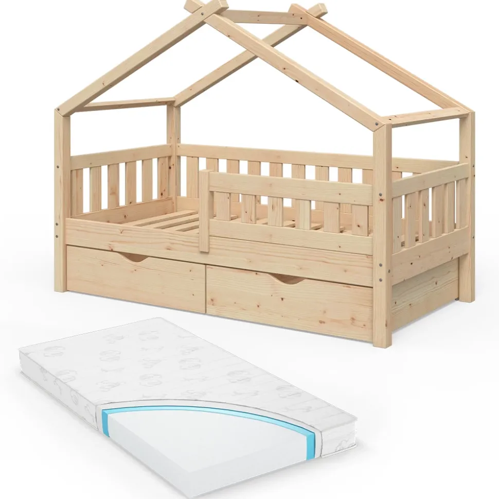 Hausbett Design Naturholz 80x160 cm mit 2 Schubladen und Matratze Vitalispa