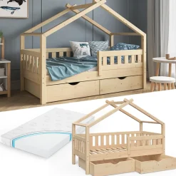 Hausbett Design Naturholz 80x160 cm mit 2 Schubladen und Matratze Vitalispa