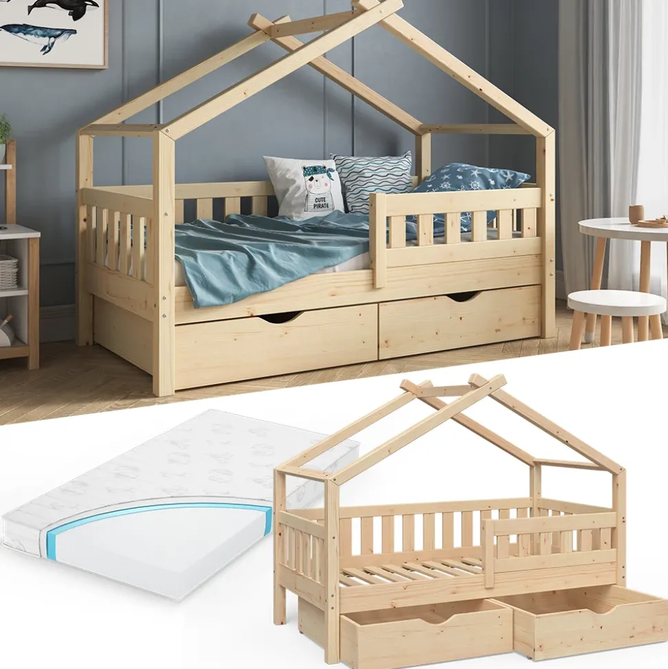 Hausbett Design Naturholz 80x160 cm mit 2 Schubladen und Matratze Vitalispa